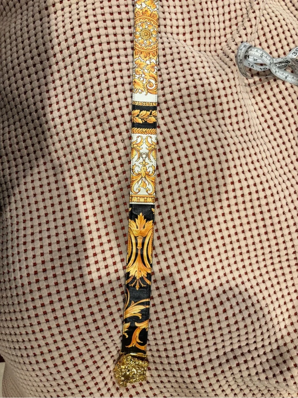 Versace Gold Medusa Buckle Black Ribbon Belt with Baroque Motif